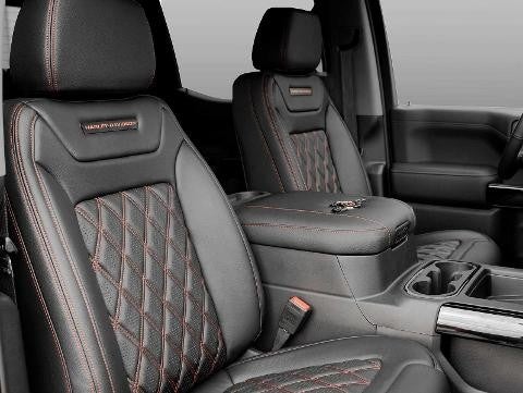Custom Leather Seating w/ Orange Diamond pattern Embroidery - w/ “Harley-Davidson” Badging
